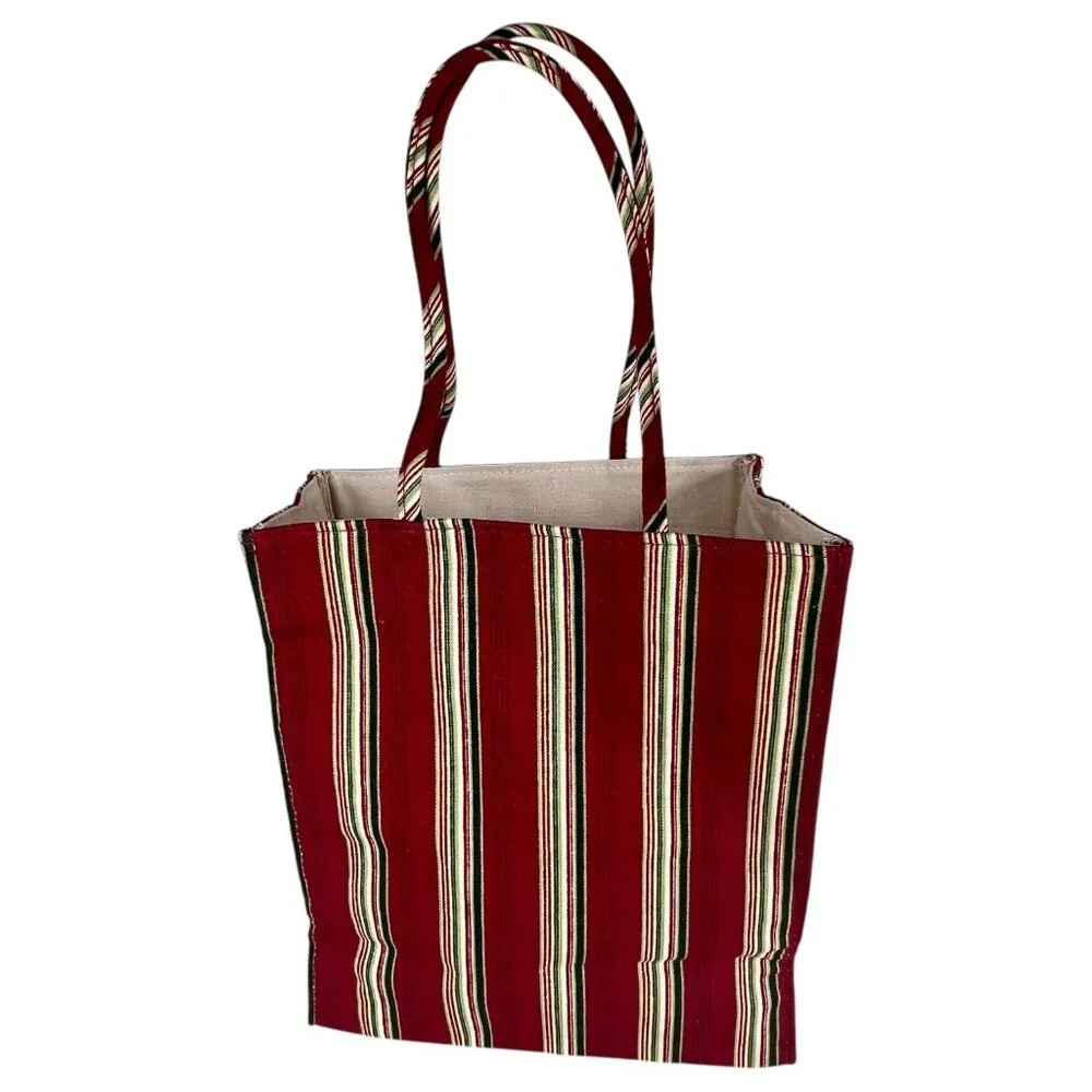 New 2005 Longaberger Basket Holiday Tote Bag Fabric Purse Stripe Embroidered VTG
